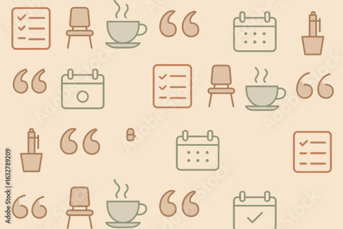 Pattern of daily essentials featuring coffee cups, chairs, quotes, and calendars in muted tones