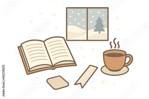 Cozy winter setting with an open book, coffee, and a snowy window view inviting relaxation and comfort