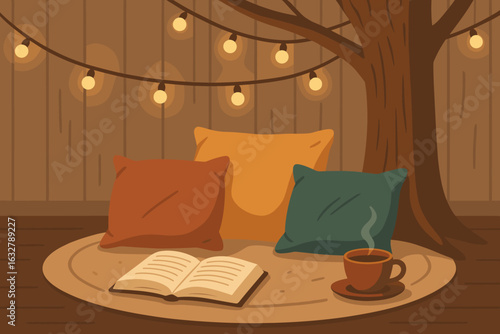 Cozy reading nook with cushions, warm lighting, and a cup of coffee surrounded by a serene ambiance
