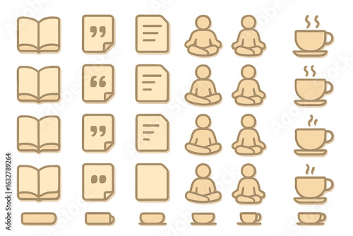 Collection of minimalist icons representing reading, writing, meditation, and coffee moments in a serene setting
