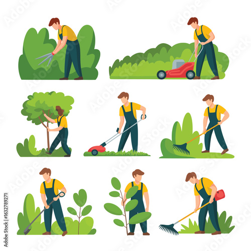 Gardener performing various lawn care and landscaping tasks