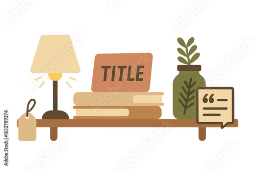 Decorative shelf display with books, lamp, and plants creating a cozy workspace ambiance