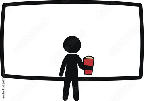 Stick figure watching movie with popcorn in front of screen
