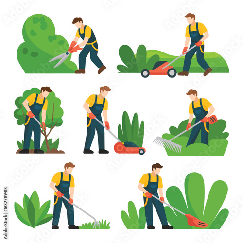Gardener performing various landscaping and yard maintenance tasks