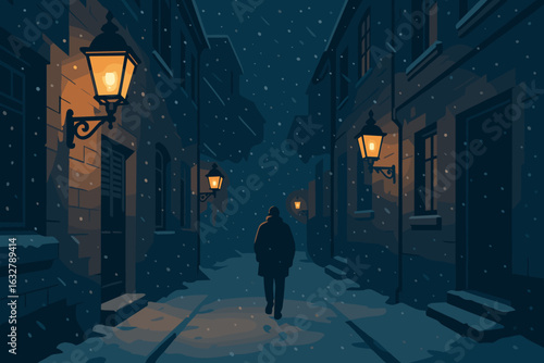 Snowy evening stroll along a quaint alleyway illuminated by vintage street lamps in a charming town
