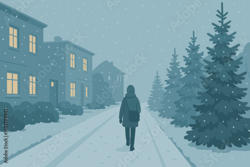 Snowy evening stroll through quiet neighborhood with warm lights glowing from windows