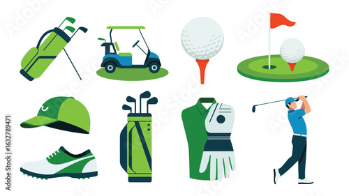 Collection of golf equipment and accessories for a round of golf