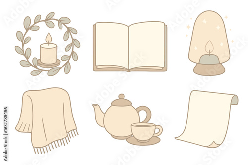 Cozy home elements including a teapot, candle, and blanket create an inviting atmosphere for relaxation and leisure activities