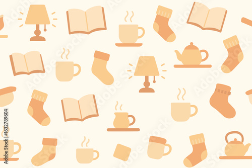 Cozy home decor pattern featuring warm elements like lamps, books, and hot beverages in soft hues