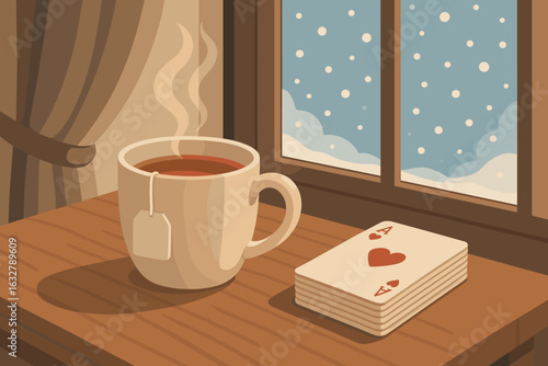 Warm cup of tea beside playing cards against a winter window view with falling snowflakes