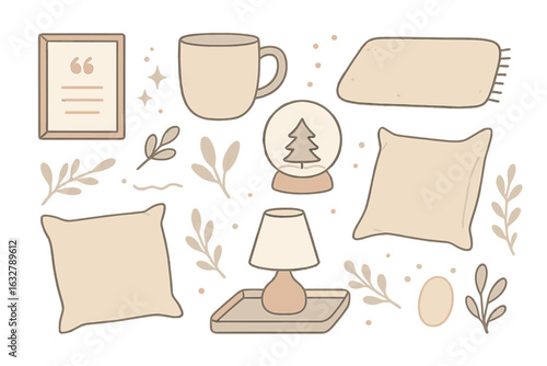 Cozy home decor elements arranged in a soothing neutral color palette for a serene atmosphere