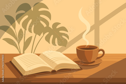 Cozy reading nook with an open book and steaming cup of coffee in a sunlit room
