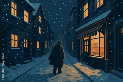 Snowy evening stroll through a quiet street with warm lights glowing from windows