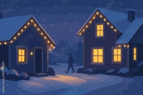 Cozy winter evening walk past decorated houses in a snowy neighborhood
