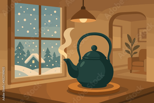 Steam rises from a kettle in a warm indoor setting with a snowy scene outside the window