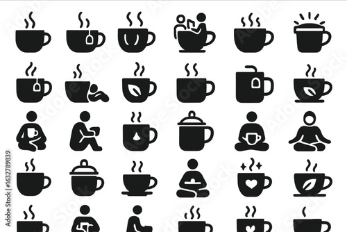 Variety of black and white coffee icons illustrating different coffee experiences and activities in a creative grid layout