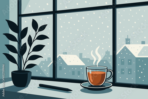 Warm cup of tea by the snow-covered window during a winter afternoon