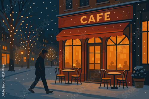 Snowy evening walk past a cozy cafe with glowing lights and festive decorations