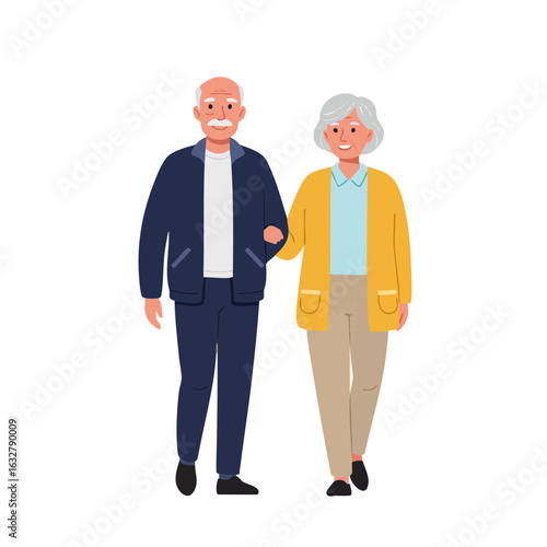 Vector illustration of elderly friends walking together on white background