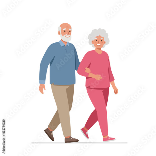Vector illustration of elderly friends walking together on white background