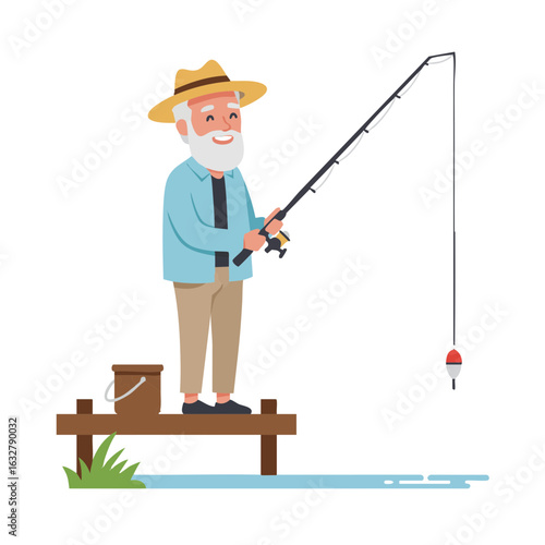 Vector illustration of elderly man happy fishing on white background