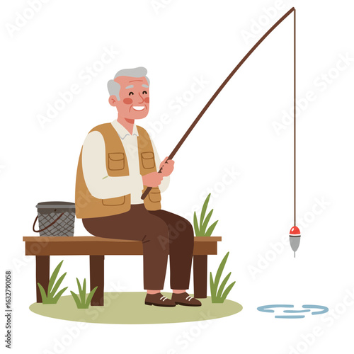 Vector illustration of elderly man happy fishing on white background