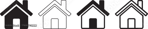 Set of minimalist house icons in various outline and filled styles.