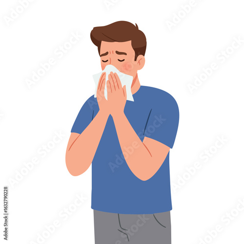 Vector illustration of man sick sneezing into tissue on white background