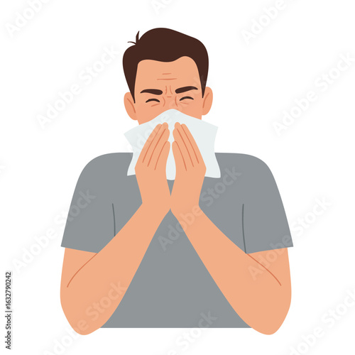 Vector illustration of man sick sneezing into tissue on white background