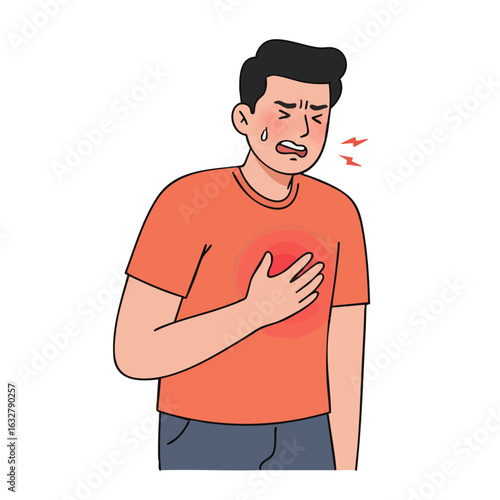 Vector illustration of man with chest pain on white background