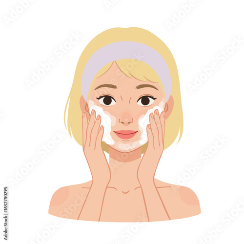Vector illustration of woman happy using cleansing foam on white background