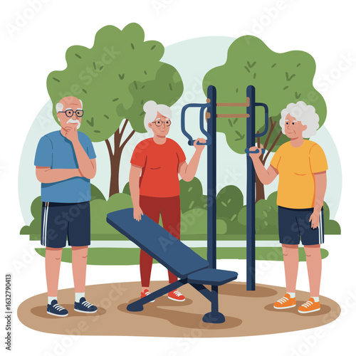 Vector illustration of seniors at outdoor gym on white background