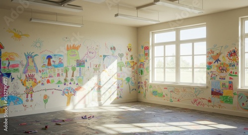 Colorful children's drawings on classroom wall