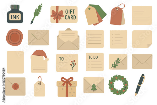 Decorative elements for crafting and stationery displays featuring gift cards, tags, and envelopes