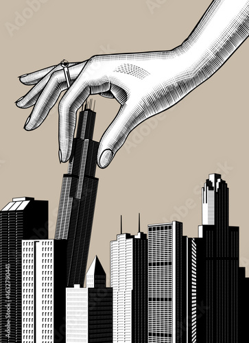 Giant's female hand holds in fingers a small model of a modern high-rise multi-storey building. Vector illustration in vintage black and white engraving and 
linear style