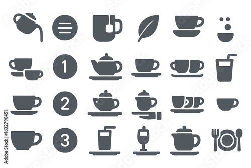Design elements of various beverage icons displayed in a grid layout featuring teapots, cups, and drinks