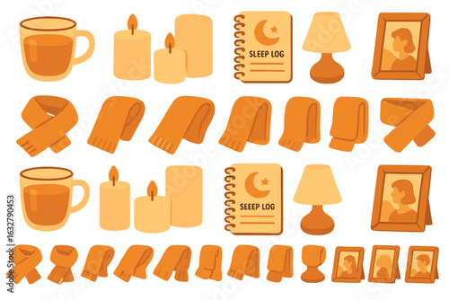 Cozy fall elements featuring scarves, candles, mugs, and a sleep log that evoke warmth and relaxation during the season