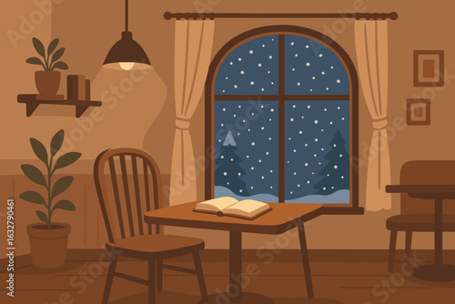 Cozy winter evening in a warm cafe with a view of falling snow through a window