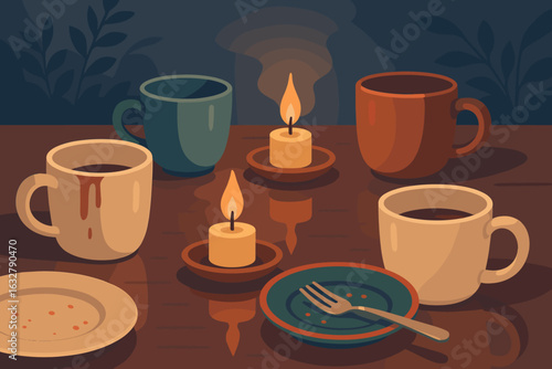 Warm evening gathering with coffee and candles around a wooden table