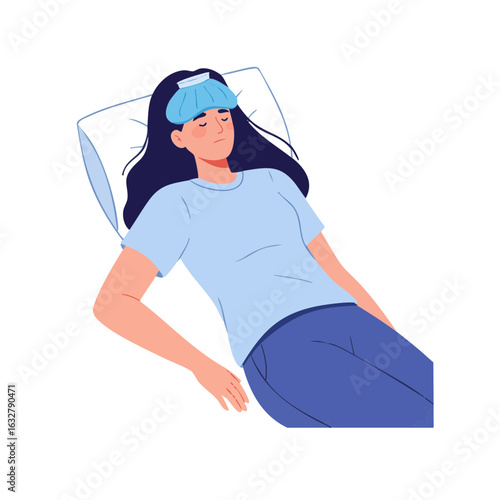 Vector illustration of woman with cold compress on white background