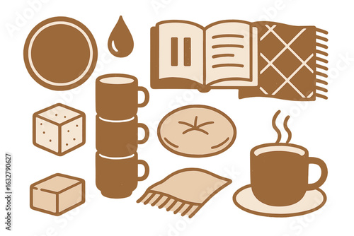 Various cozy elements for a relaxing afternoon at home with drinks, snacks, and reading materials