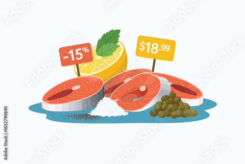 Fresh salmon steaks and grapes displayed with price tags