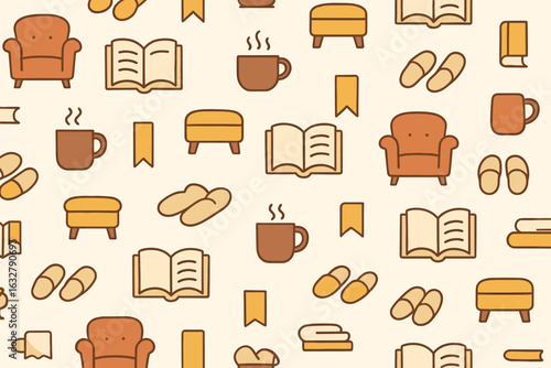 Seamless cozy reading pattern with armchair, books, coffee mugs, slippers and footstools in warm brown and yellow tones on cream background