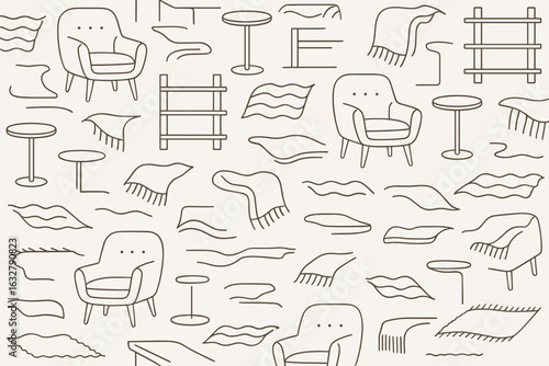 Minimal Line-Art Seamless Pattern of Cozy Interior Furniture — Armchairs, Side Tables, Shelves & Throw Blankets on Cream Background Vector Illustration