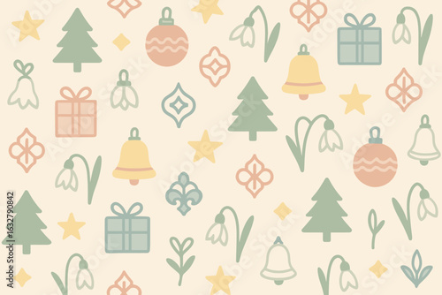 Pastel Holiday Seamless Pattern with Christmas Trees, Gift Boxes, Bells, Stars, Snowdrops, and Ornaments — Flat Retro Vector Background for Wrapping Paper & Fabric