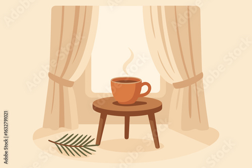 Cozy morning with a warm cup of coffee on a wooden table by the window on a serene day