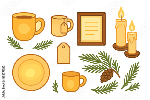 Cozy winter scene featuring warm beverages, candles, and pine decorations for a festive atmosphere