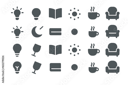 Visual guide of household items and activities with symbols for light, reading, drinks, and cozy seating arrangements