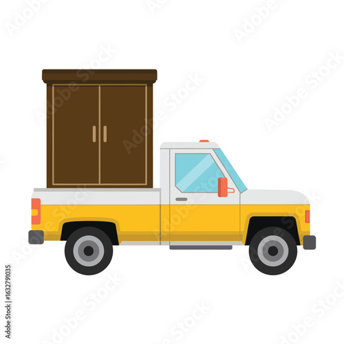 Brown wooden wardrobe being transported in a yellow pickup truck