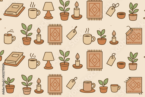 Cozy and inviting home decor elements arranged in a harmonious pattern on a light background